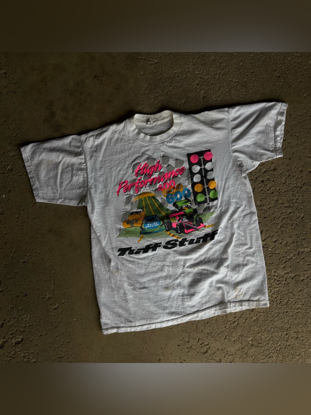 Vintage 80s Tough Tee Racing Graphic Tuff Stuff White T-Shirt Size Large USA